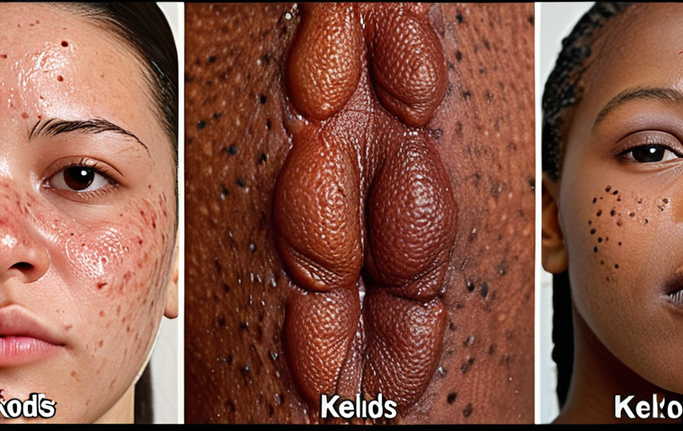 **

A close-up shot of various types of skin scars (keloids, hypertrophic, acne) on different skin tones, emphasizing their textures and appearances. Focus on the "before" state.
**