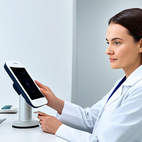 Home 28 A highly skilled female dermatologist in a clean, professional medical lab coat, gently using a sophisticated, futuristic handheld AI skin analysis device on the cheek area of a fully clothed client. The client is seated calmly in a modern, state-of-the-art dermatology clinic. The background features sleek white surfaces and abstract, scientific-looking data visualizations on a large screen. Professional photography, soft clinical lighting, sharp focus, high-definition, realistic. safe for work, appropriate content, fully clothed, professional dress, perfect anatomy, correct proportions, natural pose, well-formed hands, proper finger count, natural body proportions.