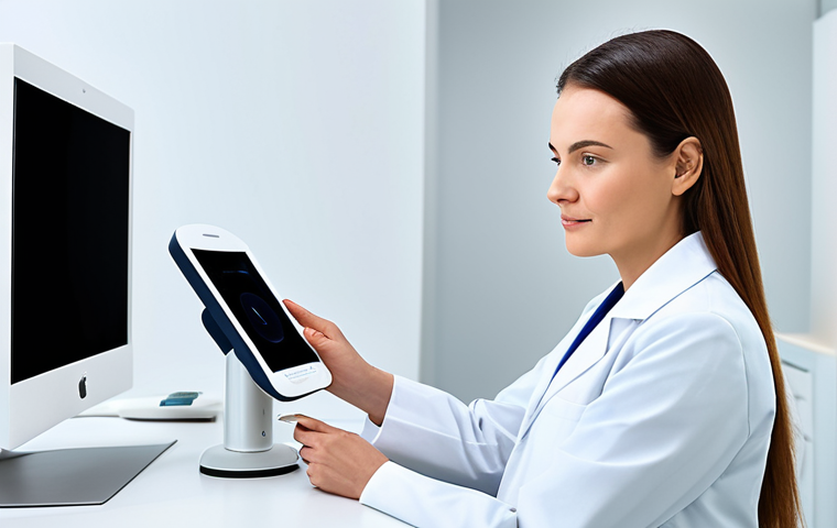 A highly skilled female dermatologist in a clean, professional medical lab coat, gently using a sophisticated, futuristic handheld AI skin analysis device on the cheek area of a fully clothed client. The client is seated calmly in a modern, state-of-the-art dermatology clinic. The background features sleek white surfaces and abstract, scientific-looking data visualizations on a large screen. Professional photography, soft clinical lighting, sharp focus, high-definition, realistic. safe for work, appropriate content, fully clothed, professional dress, perfect anatomy, correct proportions, natural pose, well-formed hands, proper finger count, natural body proportions.