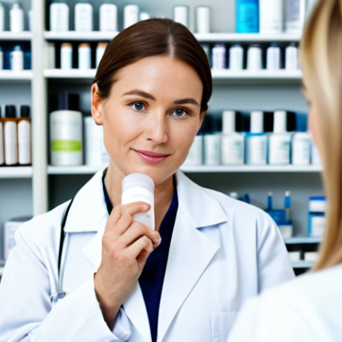 Home 27 A confident professional woman with clear, healthy skin, in a modest white lab coat, standing in a brightly lit, clean dermatology clinic. She is gently holding a bottle of a skincare product, carefully examining its label. The background shows blurred shelves of various professional, unscented skincare products. The scene is calm and educational. fully clothed, appropriate attire, safe for work, perfect anatomy, correct proportions, natural pose, well-formed hands, proper finger count, natural body proportions, professional photography, high quality, appropriate content, family-friendly.
