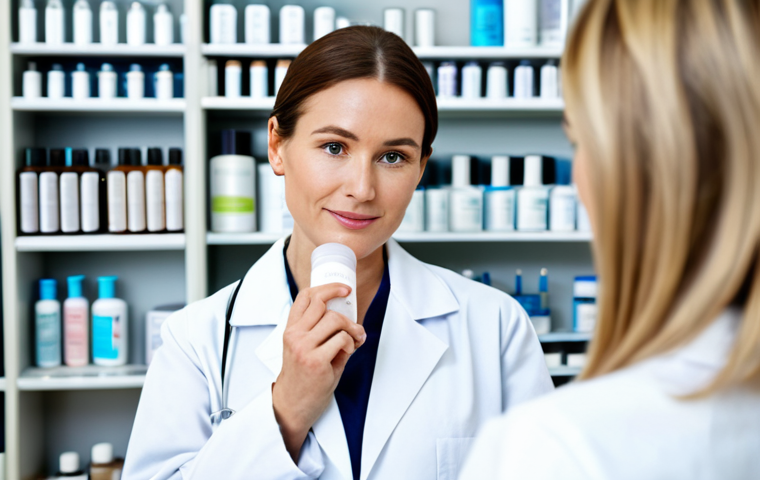 A confident professional woman with clear, healthy skin, in a modest white lab coat, standing in a brightly lit, clean dermatology clinic. She is gently holding a bottle of a skincare product, carefully examining its label. The background shows blurred shelves of various professional, unscented skincare products. The scene is calm and educational. fully clothed, appropriate attire, safe for work, perfect anatomy, correct proportions, natural pose, well-formed hands, proper finger count, natural body proportions, professional photography, high quality, appropriate content, family-friendly.