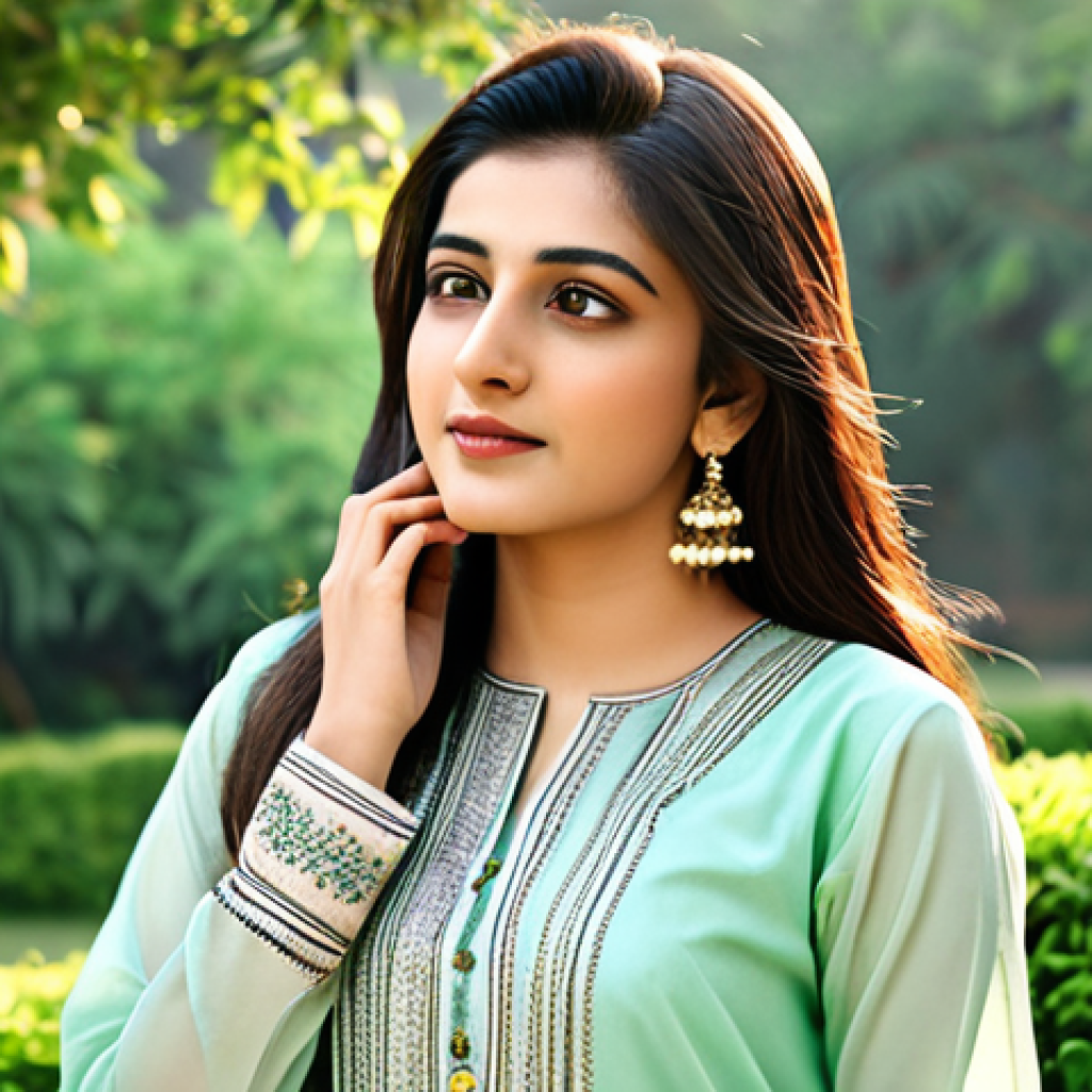Natural Glow**

*   **Subject:** A young Pakistani woman with a radiant, healthy complexion.
*   **Attire:** Traditional shalwar kameez in a light pastel color (e.g., mint green or peach).
*   **Setting:** A lush garden in Lahore with morning light filtering through the trees.
*   **Mood:** Serene and confident.
*   **Style:** Photorealistic, soft focus, emphasis on skin texture and natural glow.
*   **Keywords:** Pakistani culture, glowing skin, natural beauty, shalwar kameez, Lahore, morning light, portrait, dSLR, high resolution.

**