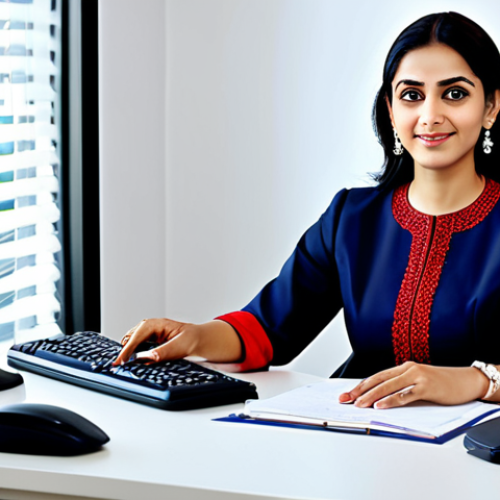 Home 12 Professional Woman in Office**
"A professional businesswoman, fully clothed in a modest salwar kameez, sitting at a clean desk in a modern office setting, appropriate attire, safe for work, perfect anatomy, natural pose, professional digital art, high resolution, well-formed hands, proper finger count, family-friendly."
**